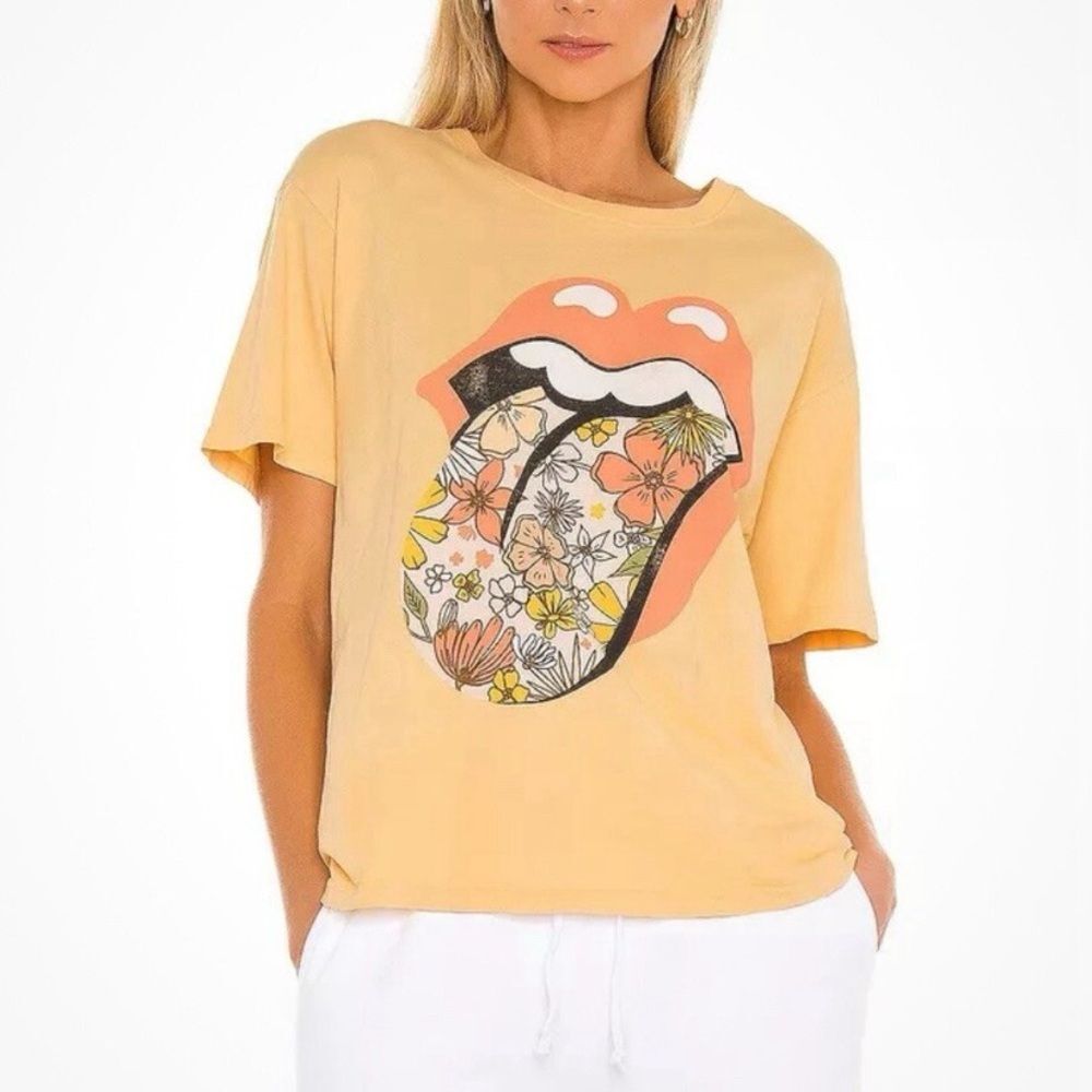 Daydreamer Sunny Yellow Rolling Stones Flower Tongue Boyfriend Tee Size Medium